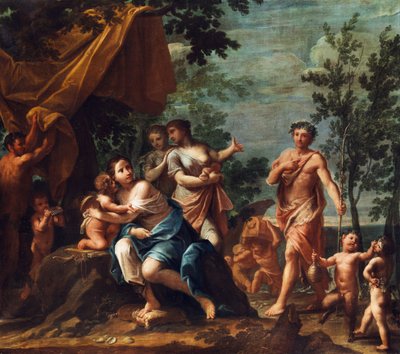 Apollo come pastore si avvicina alle tre Grazie, con Venere, Cupido, amorini, Pan e figli di Pan da Marcantonio Franceschini